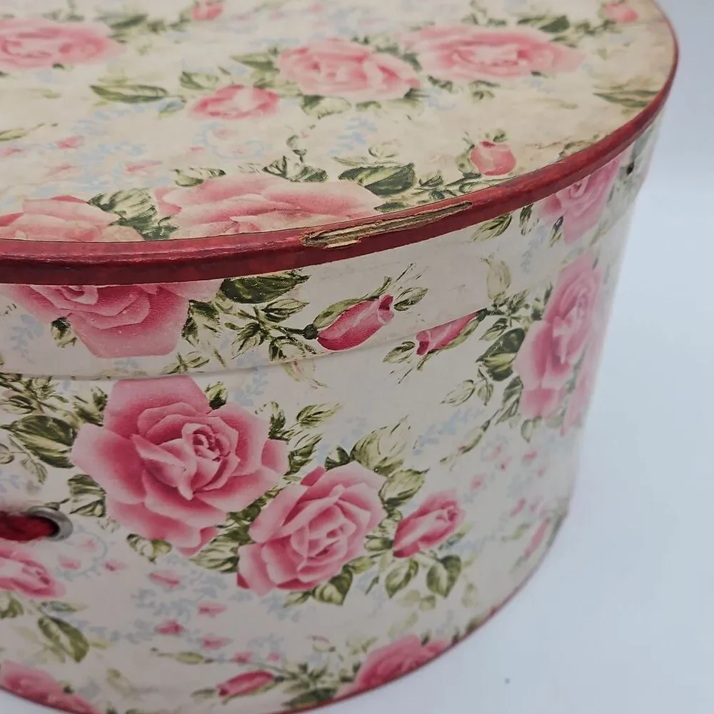 Vintage PINK FLORAL HATBOX w/CORD HANDLE Wallpaper Shabby Chic